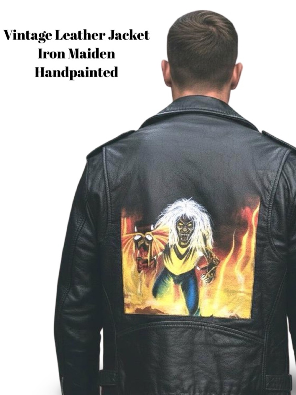 VTG Custom Painted Iron Maiden "Number of the Beast" Unik Leather Biker Jacket